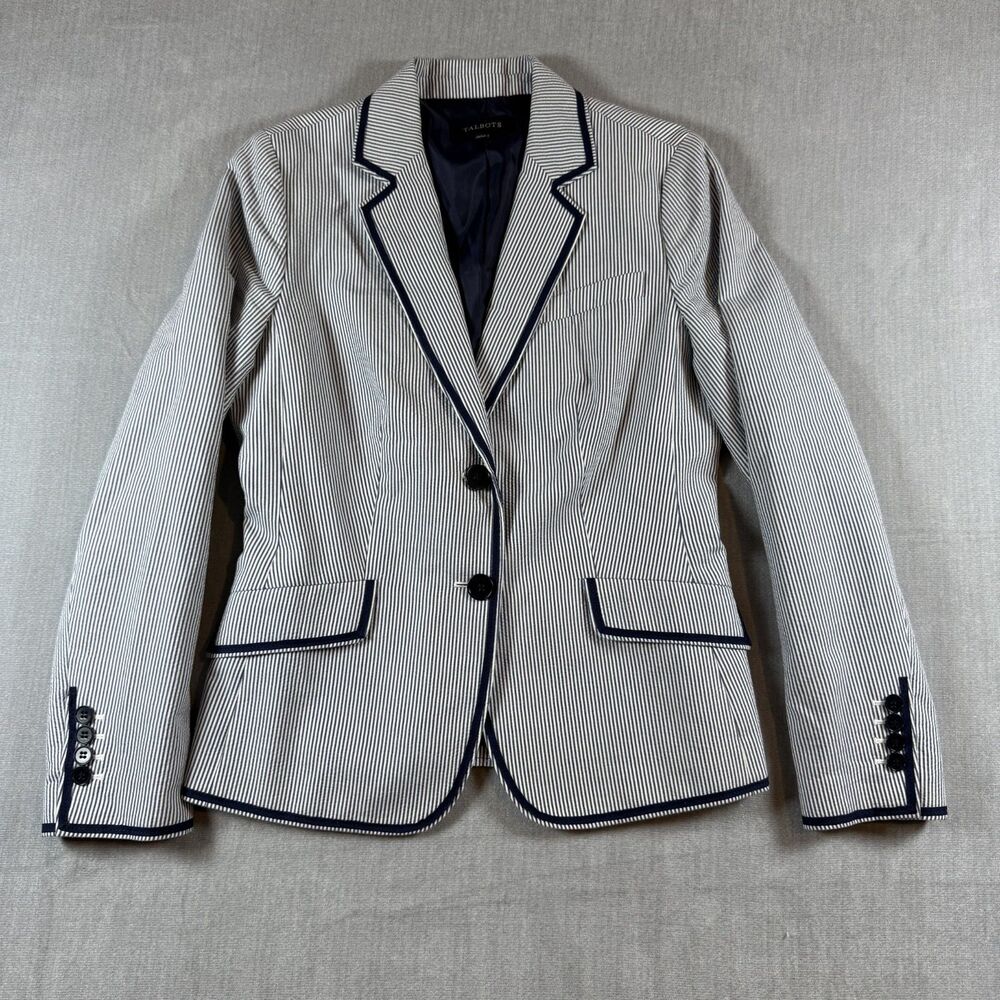 Talbots Navy White Pinstripe blazer Size 6 Piped Tailored Preppy Jacket NWOT